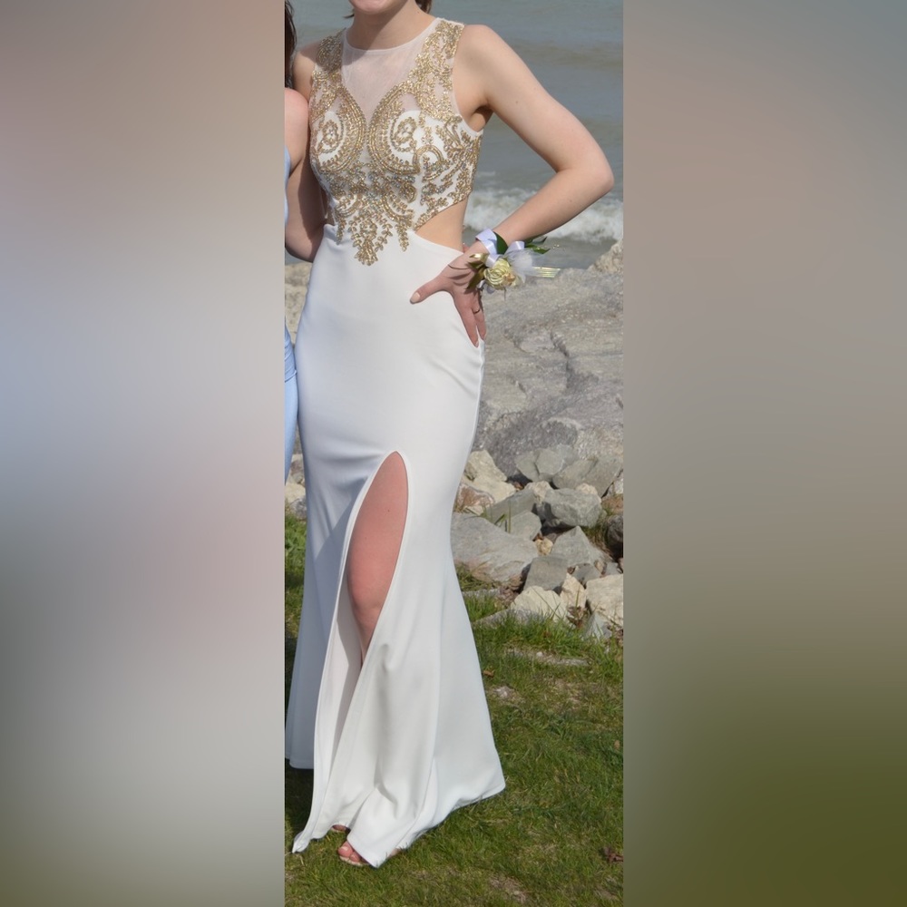 City Studio Prom Dress Ivory Gold Beading Open Back Fitted Trumpet Style